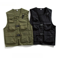 HEARUJOY - Pure Color V Neck Multi Pocket Utility Vest Men Trendy High Street Sporty Unisex Loose Sleeveless Jacket Functional Casual