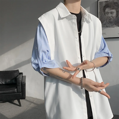 HEARUJOY - Summer Short Sleeved Shirt Men Oversized Society Mens Black Dress Shirts Korean Loose Casual White Shirt Mens Striped Shirt