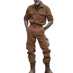 HEARUJOY - Mens Solid Color Ah Mei Khaki Workwear Clothing Autumn And Winter Fashion Trend Leisure Suit Long-Sleeved Jumpsuit Trousers Men