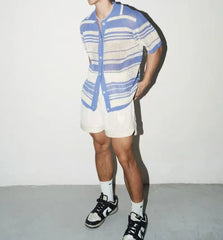 HEARUJOY - Summer New Fashion Casual Breathable Hollow Out Knitted Polo Shirts Men Striped Crochet Knitting Tops Vintage Mens Clothes