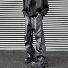 Hearujoy Mens Autumn American Y2k Pleated Pu Leather Pants New Essential Casual Loose Comfort Biker Trendy Street Wide Leg Pants For Men