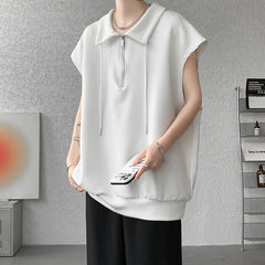 Hearujoy Men Turn-down Collar Tanks Drawstring Vest Summer Simple Loose Breathable Teenager Fashion Sleeveless Casual Tops Plus Size 2XL