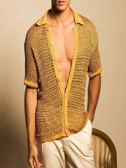 HEARUJOY - Summer Men's Casual Knitted Shirt Lapel Short Sleeve Hollow Out Breathable Cardigan Top Fashion Sexy Mesh Kint Shirts Streetwear