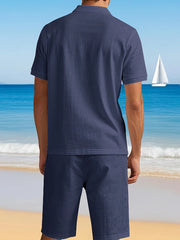 HEARUJOY - Summer Daily Casual Men's Two Pieces Sets Fashion Lapel Button Polo Shirt And Shorts Mens Outfits Leisure Linen Loose Suits