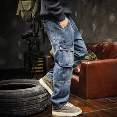 Hearujoy American Style Multi Pocket Denim Pants Men Spring Autumn Loose Straight Trouser Trendy Vintage Cargo Jeans Fashion Streetwear