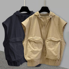 Hearujoy Oversized American Vintage Hooded Vest Men Sleeveless hooded Hoodie Spring Summer Silhouette Design Denim Shoulder Pads Tank Top