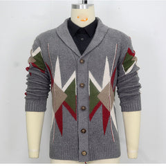 Hearujoy Autumn Winter Vintage Heavy-duty Jacquard Sweater Men Lapel Thick Knit Cardigan British Style Geometric Patterns Knitwear Coat