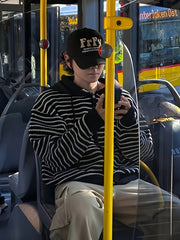 HEARUJOY - Men's Casual Striped Hooded Knit Cardigan - Soft Acrylic Zip-Up Sweater, Loose Fit for All Seasons, Black & White Vertical Stripes, Perfect for Commuting or Leisure Outings, Allseason Sweater | Zipup Cardigan | S