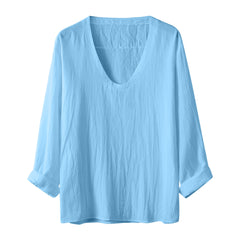 Hearujoy Spring Summer Mens V Neck Cotton Linen T-shirt Loose Solid Long Sleeve Pullovers Tops Fashion Casual Clothing Streetwear