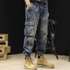 Hearujoy Fashion Vintage Men Jeans Spring Autumn Multiple Pockets Cargo Pants Oversized Loose Ankle Binding Denim Trousers Streetwear