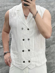 Hearujoy Summer Thin Men's Tank Top Sleeveless Shirts Fashion double-breasted Button Turndown Collar Cardigan Leisure Breathable Vest