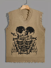 Hearujoy Stylish Men's Brown Knit Sweater Vest with Skull Print - Casual V-Neck, Sleeveless Pullover with Raw Hem Detail, Perfect for Summer