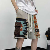Hearujoy American Vintage Patchwork Knit Shorts For Men Navajo Embroidery Geometric Knitting Short Pant Summer Oversize Loose Shorts Fat