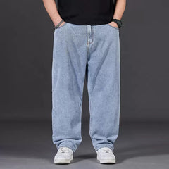 Hearujoy Oversize Jeans Men Spring Autumn Casual Loose Straight Denim Pants Plus Size Wide Leg Elastic Waist Trouser Clothing For Fat Man