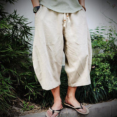 Hearujoy Oversized Wide-leg Cotton Linen Calf-Length Pants Mens Summer Drawstring Loose Beach Shorts Casual Harlan Trousers Fat Plus Szie