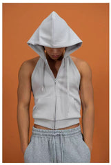 Hearujoy High Elastic Sport Hooded Vest Men Backless Sleeveless Hoodie Sweatshirt Fashion Casual Zipper Placket Slim Fit Tank Tops