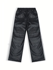 Hearujoy Men's PU Leather Pants, 45% Polyurethane 55% Polyester, All-Season Street Style Straight Leg with Side Stripe Design, Loose Fit Woven Trousers, Allseason Pants | Modern Loose Pants | Drawstring Waistband