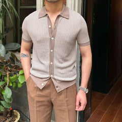 Hearujoy Summer Men Knit Polo Shirts Fashion Simple Plaid Knitted Sweater Vintage Short sleeve Button Cardigan Business Casual Knitwear