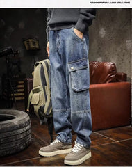 Hearujoy American Style Multi Pocket Denim Pants Men Spring Autumn Loose Straight Trouser Trendy Vintage Cargo Jeans Fashion Streetwear