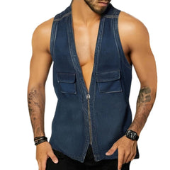 Hearujoy Vintage Patchwork Jean Tank Tops Men Slim Fit Sleeveless Denim V-neck zipper Shirts Summer Fashion Sexy Vest Male Streetwear