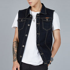 Hearujoy Streetwear Men Oversized Denim Vest Sleeveless Turndown Collar Big Pocket Jacket Spring Autumn Fashion Vintage Loose Tank Tops