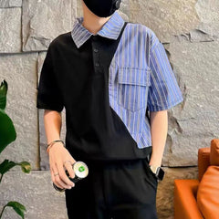 Hearujoy Fashion Stripe Patchwork Polo Shirts For Men Short sleeve Tee Tops Summer Trendy Contrast Color  Fake Two Polos Tshirts Clothing