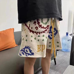 Hearujoy Cashew Flower Knitted Shorts Men Women Drawstring Loose Five Quarter Pant Summer American Vintage High Street Casual Shorts