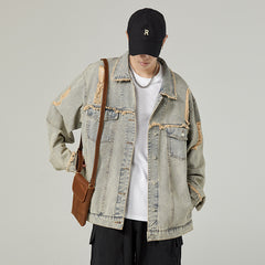 Hearujoy American Style Vintage Men Denim Jacket Spring Autumn Loose Wash Jean Coat Retro Nostalgia Trend Holes Cowboy Outwear Top Male