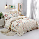 Shabby Pink Floral Elegant Korea Style Ruffles Duvet Cover Bed Sheet Set 4Pcs Queen King size Pink 100%Cotton Girls Bedding set