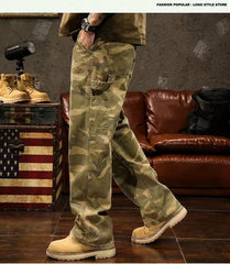 Hearujoy Vintage Multi-pocket Camouflage Cargo Pants For Men High Street Y2k Loose Straight Trousers Spring Autumn Washed Denim Jeans