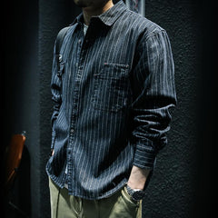 Hearujoy Japanese Retro Style striped shirt For Men Spring Autumn Long Sleeve Loose Tops American heavyweight Workwear Shirts Streetwear