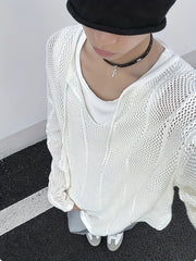 Hearujoy Men'S Casual Knitted Pullover Sweater with Hollow Geometric Square Pattern, Long Sleeves, Keyhole Collar, Loose Fit, 100% Polyester Fiber, Medium Elasticity, 7.76 oz/Square Meter, Suitable for Wearing on Spring And A