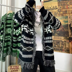 Hearujoy Ethnic Style Knitted Cardigan Men Loose Lazy Tassel Sweater Shawl Autumn Winter Hip Hop Couple Knitting Top Coat Streetwear