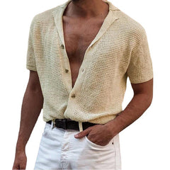 Hearujoy Summer Newest Men Short-sleeved Knitted Polo Blouse Tees Cardigan Vintage Casual Lapel Breathable Ice Silk Shirt Sweater T-Shirt