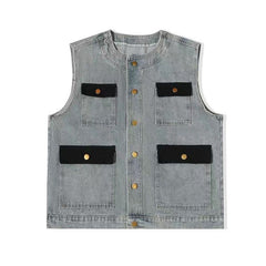 Hearujoy American Vintage Men Denim Two-piece Set Patchwork Multi Pocket Vest And Jeans Pant Fashion High Street Suit Tank Tops Outfits