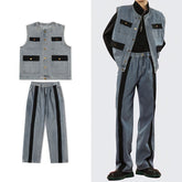 Hearujoy American Vintage Men Denim Two-piece Set Patchwork Multi Pocket Vest And Jeans Pant Fashion High Street Suit Tank Tops Outfits