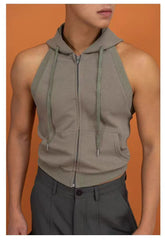 Hearujoy High Elastic Sport Hooded Vest Men Backless Sleeveless Hoodie Sweatshirt Fashion Casual Zipper Placket Slim Fit Tank Tops