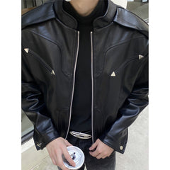 Hearujoy American Vintage High Street Leather Jacket Men Long Sleeve Stand Collar Motorcycle Tops Spring Autumn Fashion Handsome PU Coat