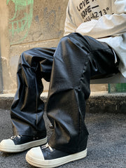 Hearujoy 1pc Men'S Street Style Solid Color PU Leather Pants, Casual Loose Fit Straight Leg, Non-Stretch Woven Polyester, All-Season Fashion Trousers