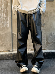 Hearujoy 1pc Men'S Street Style Solid Color PU Leather Pants, Casual Loose Fit Straight Leg, Non-Stretch Woven Polyester, All-Season Fashion Trousers