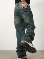 Hearujoy Men's Denim New Design Sense Street Dance Hip-hop Skateboard Hole Straight Leg Jeans Frosted Wide Leg Loose Casual Denim Pants