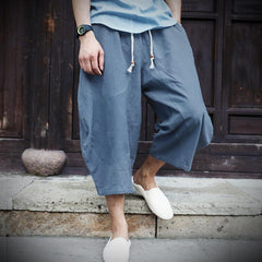 Hearujoy Oversized Wide-leg Cotton Linen Calf-Length Pants Mens Summer Drawstring Loose Beach Shorts Casual Harlan Trousers Fat Plus Szie