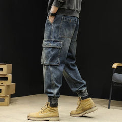 Hearujoy Fashion Vintage Men Jeans Spring Autumn Multiple Pockets Cargo Pants Oversized Loose Ankle Binding Denim Trousers Streetwear