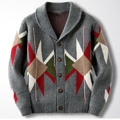 Hearujoy Autumn Winter Vintage Heavy-duty Jacquard Sweater Men Lapel Thick Knit Cardigan British Style Geometric Patterns Knitwear Coat