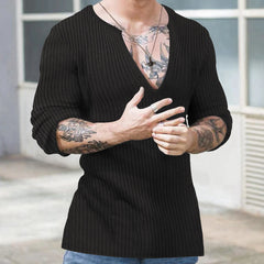 Hearujoy Spring Autumn Men Knit Cotton T Shirt Long Sleeve V-neck Loose Casual Pullover Fashion Solid Thin Knited Tops Streetwear Male