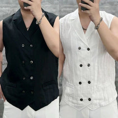Hearujoy Summer Thin Men's Tank Top Sleeveless Shirts Fashion double-breasted Button Turndown Collar Cardigan Leisure Breathable Vest