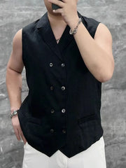 Hearujoy Summer Thin Men's Tank Top Sleeveless Shirts Fashion double-breasted Button Turndown Collar Cardigan Leisure Breathable Vest