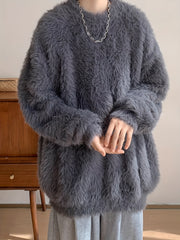 Casual Crew Neck Faux Mink Fur Knit Sweater for Adults, Polyester Blend, Loose Fit, Solid Color, Medium Stretch, with Braided Detail, for Fall/Winter Collection