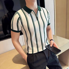Hearujoy British Style Luxury Knit Polo Shirt Men Striped Short /Long Sleeve Half Zipper Top Business Casual High Quality Tee Streetwear