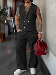 HEARUJOY - Men Casual Solid Color Shawl Collar Double Breasted Vest with Buttoned Waist Front Zipper Straight Leg Pants Baggy Thin Formal Work Pants Blazer Suit - Polyester, Non-Stretch, Summer, Regular Fit, Woven, 130g/m²